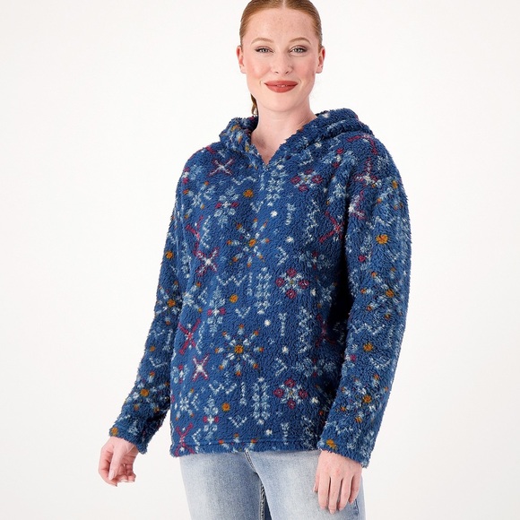Tops - AnyBody Printed Sherpa Hoodie - Teal A554872